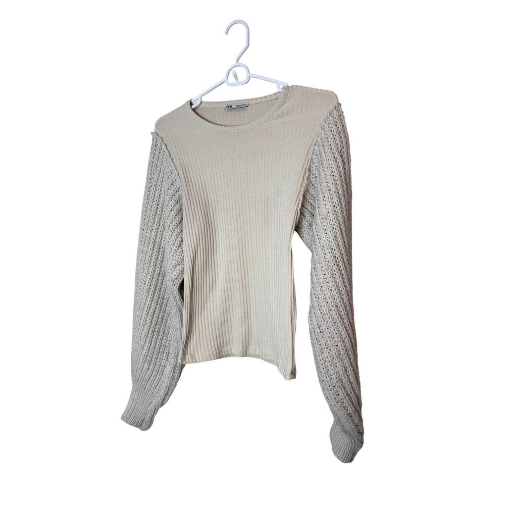 Zara Sweater Womens Small White Ribbed Contrast Chunky Balloon Sleeve Knit